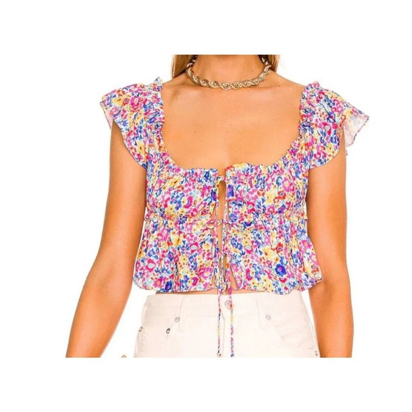 For Love & Lemons sasha floral-print cutout cropped top in Blue Size S - Picture 1 of 15